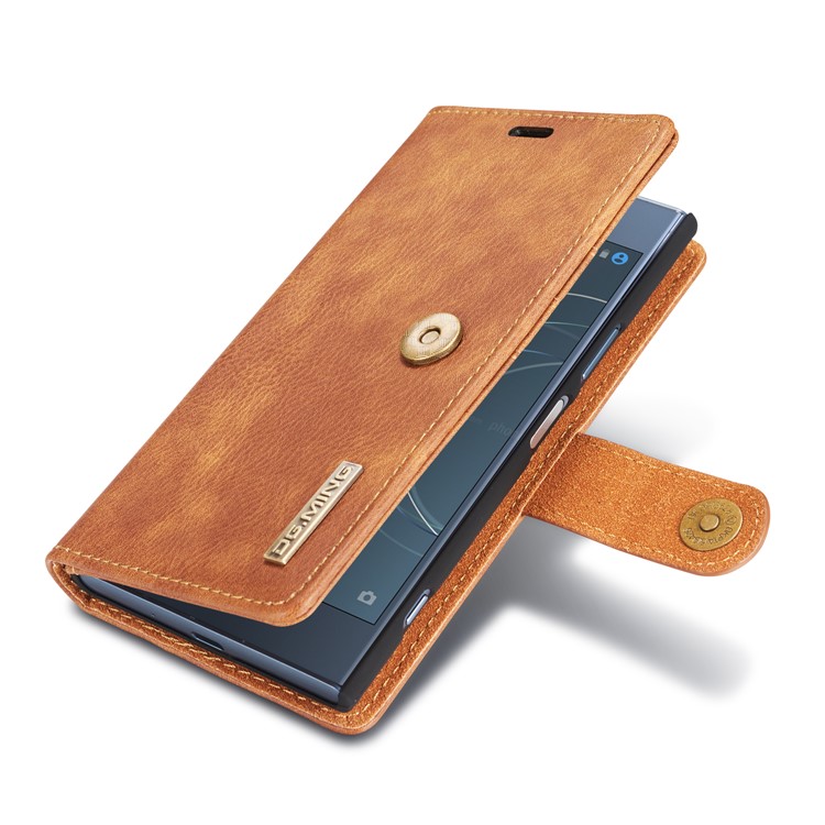 DG.MING Detachable 2-in-1 Split Leather Wallet Shell + PC Back Case Cover for Sony Xperia XZ1 - Brown-12