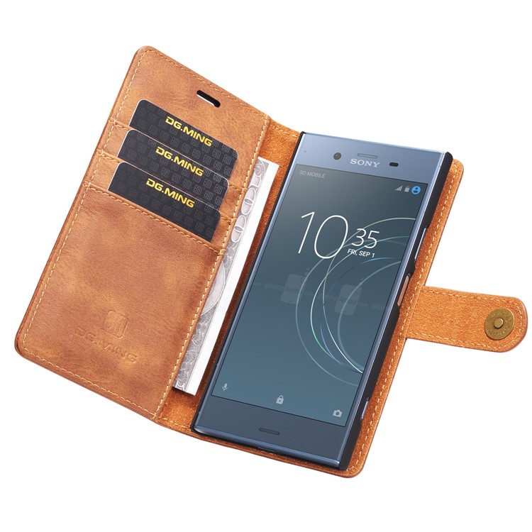 DG.MING Detachable 2-in-1 Split Leather Wallet Shell + PC Back Case Cover for Sony Xperia XZ1 - Brown-13