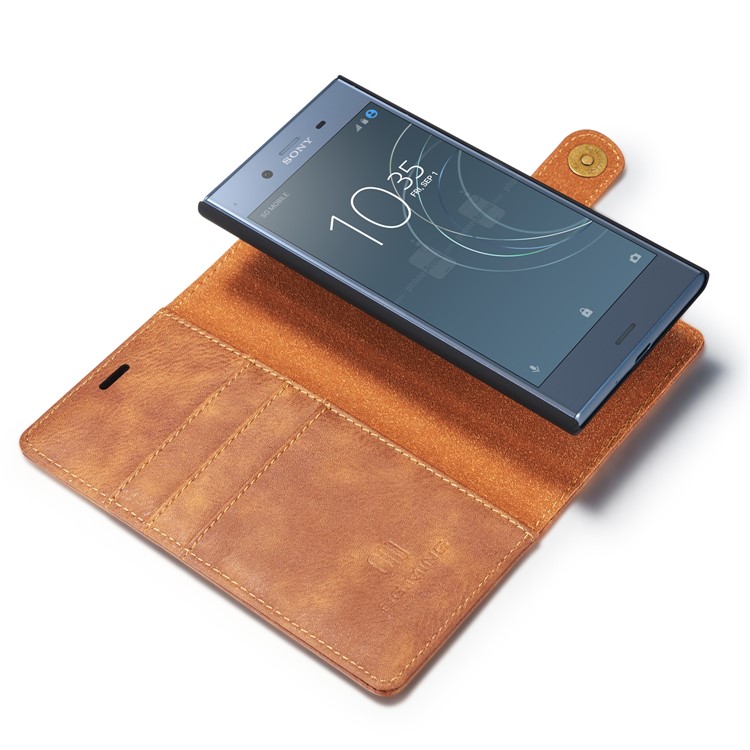 DG.MING Detachable 2-in-1 Split Leather Wallet Shell + PC Back Case Cover for Sony Xperia XZ1 - Brown-15
