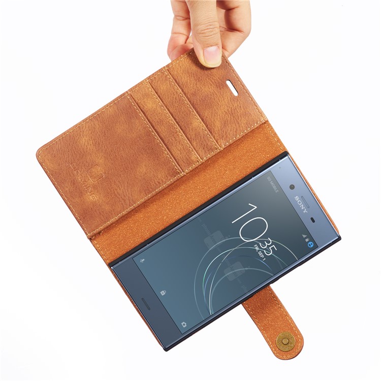 DG.MING Detachable 2-in-1 Split Leather Wallet Shell + PC Back Case Cover for Sony Xperia XZ1 - Brown-16