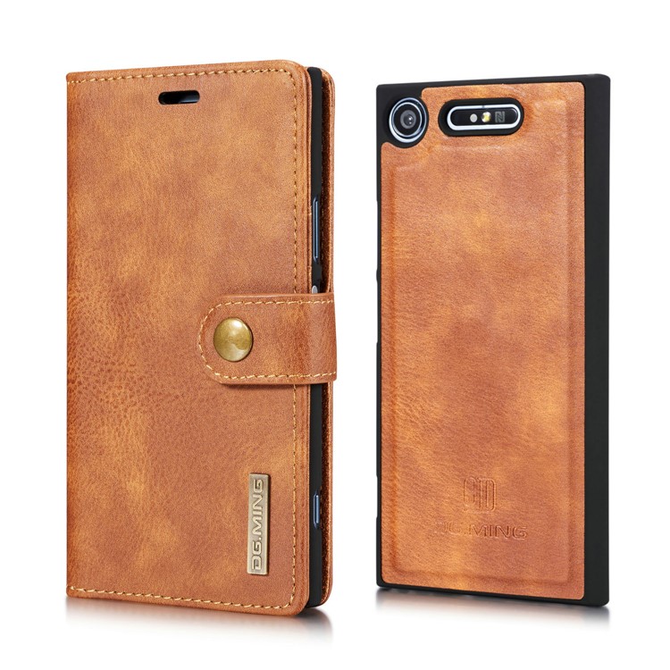 DG.MING Detachable 2-in-1 Split Leather Wallet Shell + PC Back Case Cover for Sony Xperia XZ1 - Brown-17