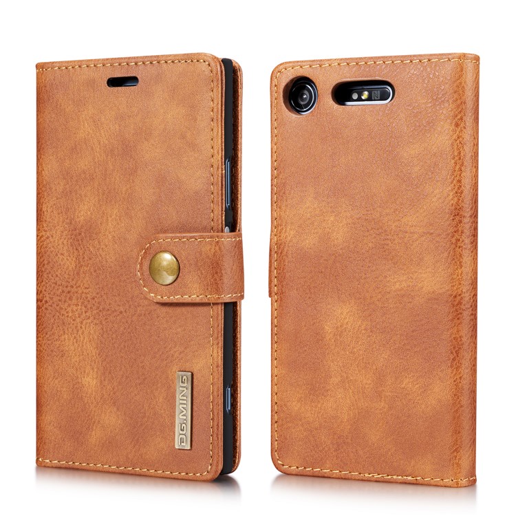 DG.MING Detachable 2-in-1 Split Leather Wallet Shell + PC Back Case Cover for Sony Xperia XZ1 - Brown-2