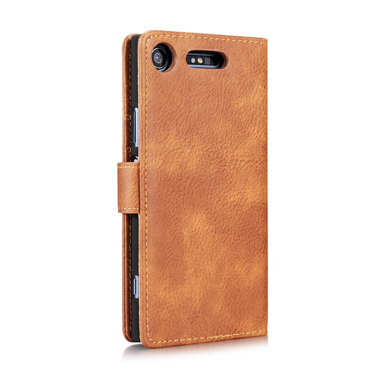 DG.MING Detachable 2-in-1 Split Leather Wallet Shell + PC Back Case Cover for Sony Xperia XZ1 - Brown-7