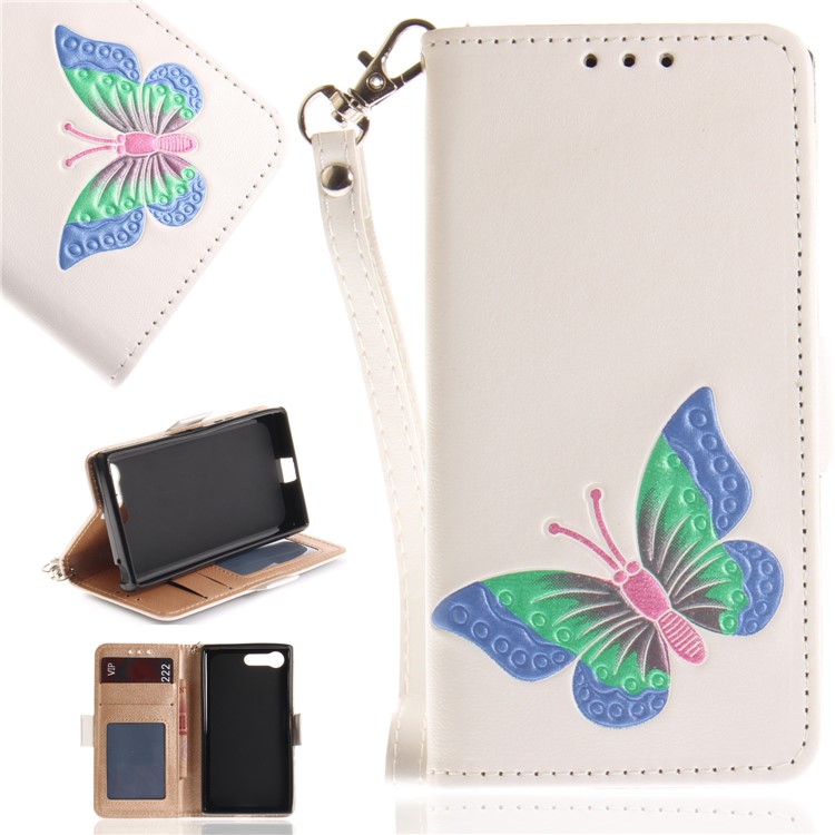 Butterfly Pattern Leather Wallet Stand Case for Sony Xperia X Compact - White-1