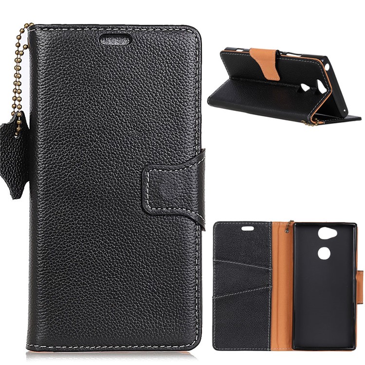 For Sony Xperia XA2 Litchi Texture Genuine Leather Wallet Stand Case Accessory - Black-1