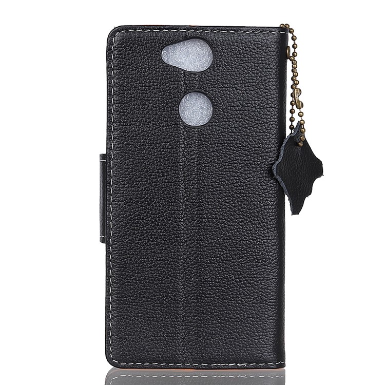 For Sony Xperia XA2 Litchi Texture Genuine Leather Wallet Stand Case Accessory - Black-3