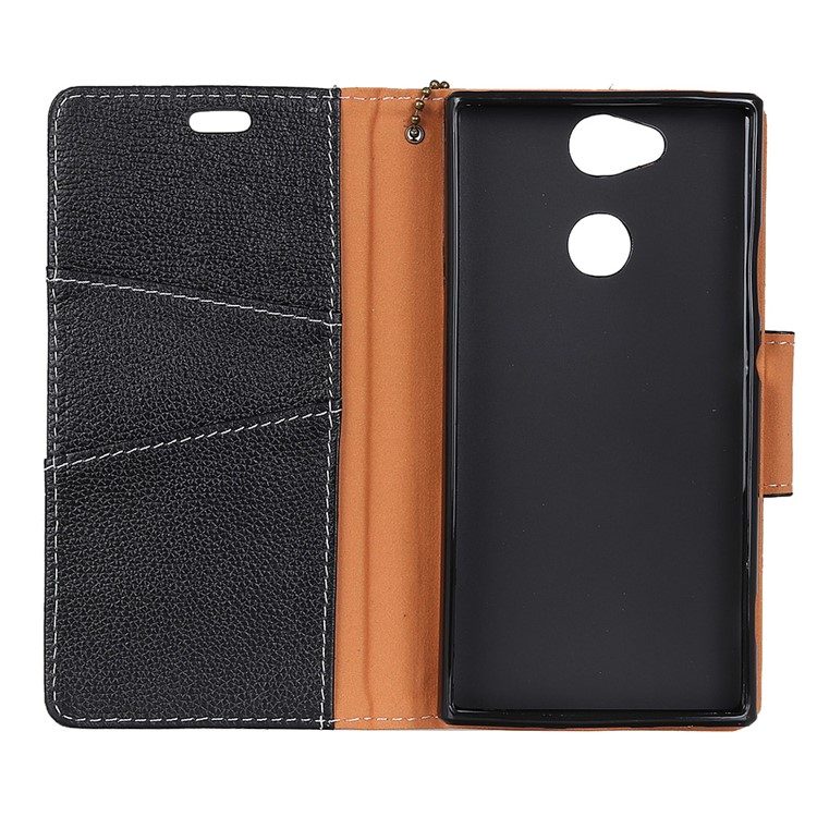 For Sony Xperia XA2 Litchi Texture Genuine Leather Wallet Stand Case Accessory - Black-4