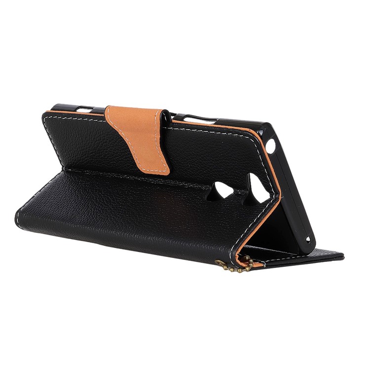 For Sony Xperia XA2 Litchi Texture Genuine Leather Wallet Stand Case Accessory - Black-5