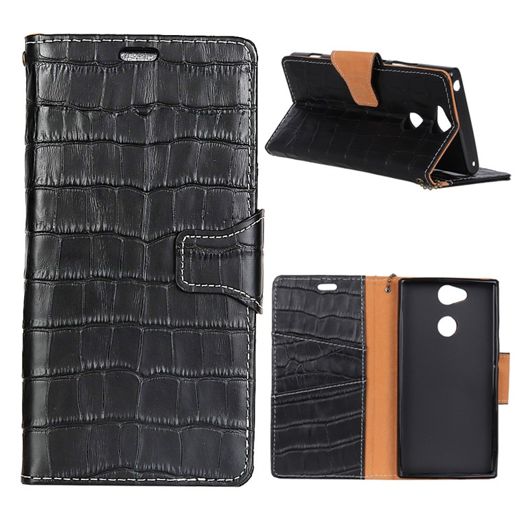 Crocodile Texture Genuine Leather Wallet Stand Casing for Sony Xperia XA2 - Black-1