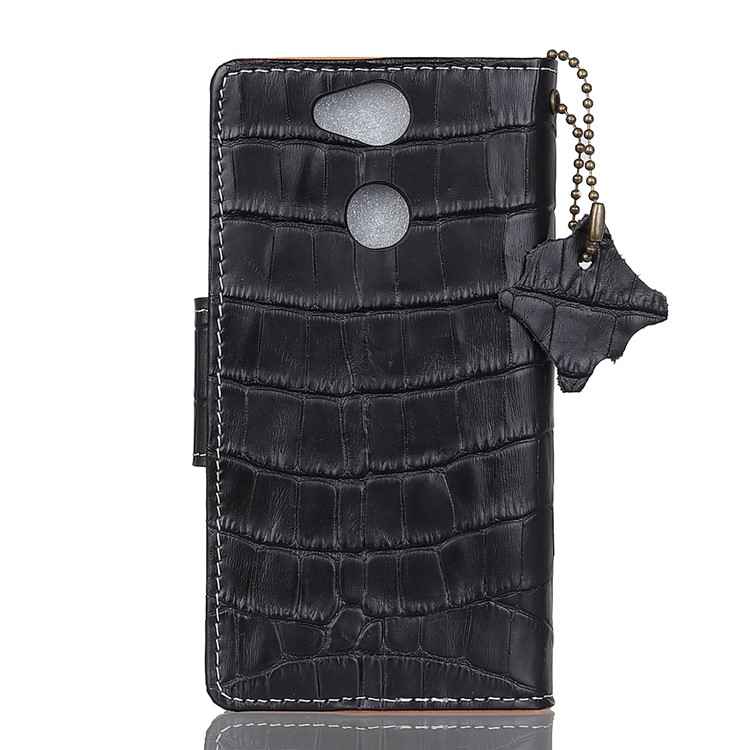 Crocodile Texture Genuine Leather Wallet Stand Casing for Sony Xperia XA2 - Black-3