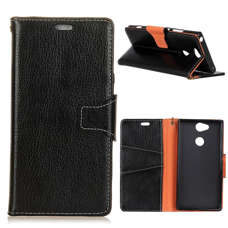 Crazy Horse Genuine Leather Wallet Stand Phone Casing for Sony Xperia XA2 - Black-1