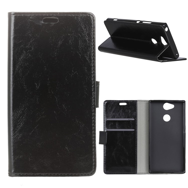 For Sony Xperia XA2 Crazy Horse Texture Leather Wallet Stand Phone Cover Case - Black-1