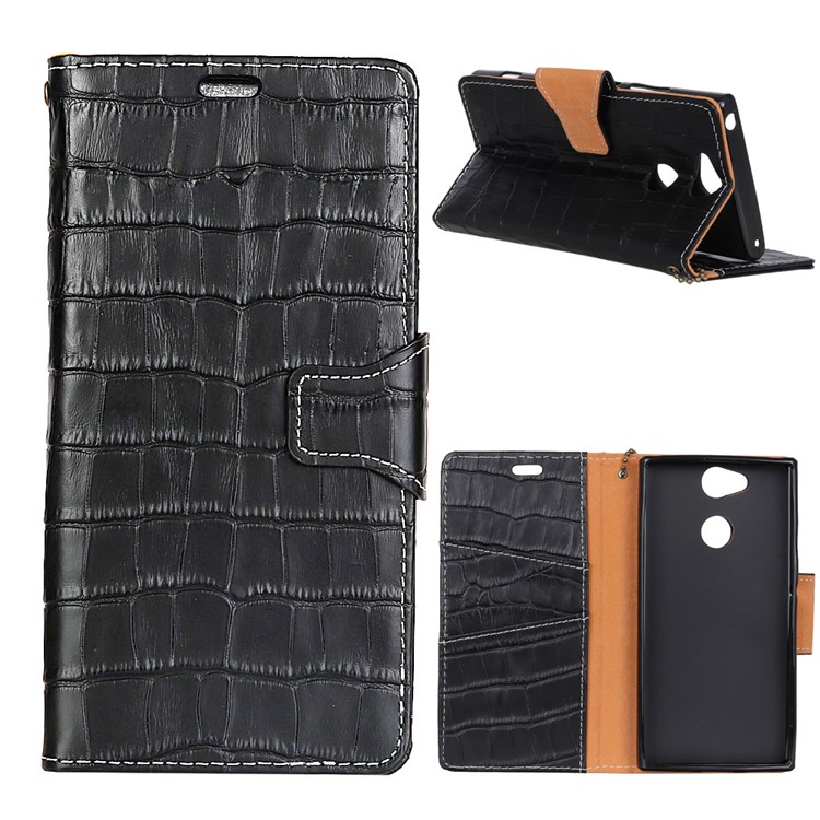 Crocodile Texture Genuine Leather Wallet Stand Casing for Sony Xperia L2 - Black-1