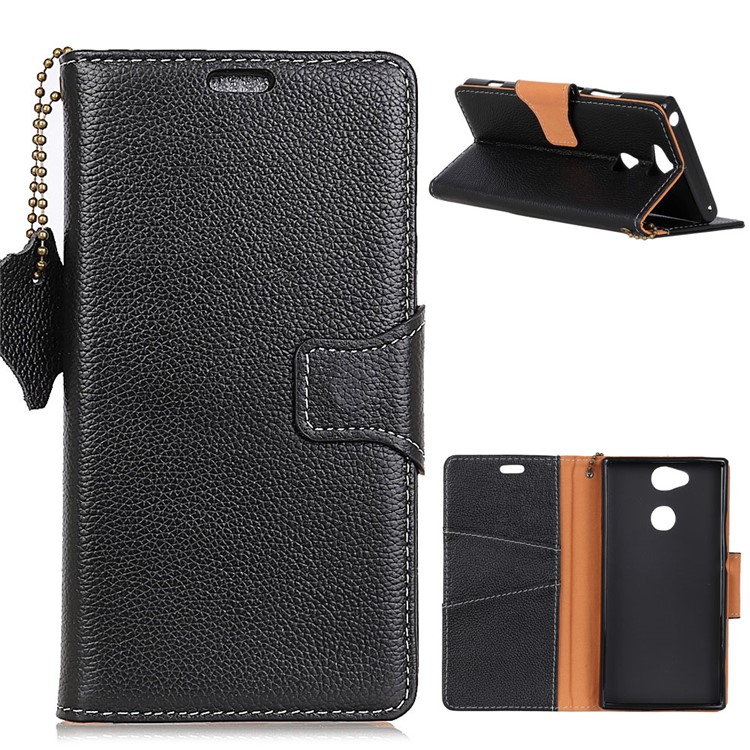 Litchi Texture Genuine Leather Wallet Stand Case for Sony Xperia L2 - Black-1