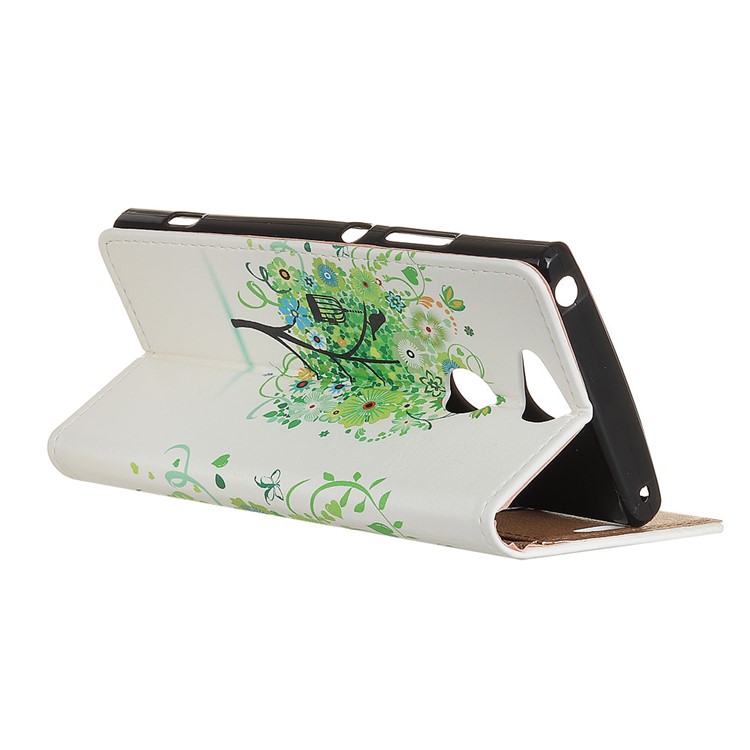 For Sony Xperia XA2 Pattern Printing Wallet Stand Leather Flip Phone Cover - Green Flower Tree-3