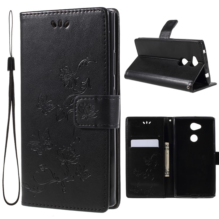 Imprint Butterfly Flowers Magnetic PU Wallet Stand Leather Cell Phone Case for Sony Xperia L2 - Black-1