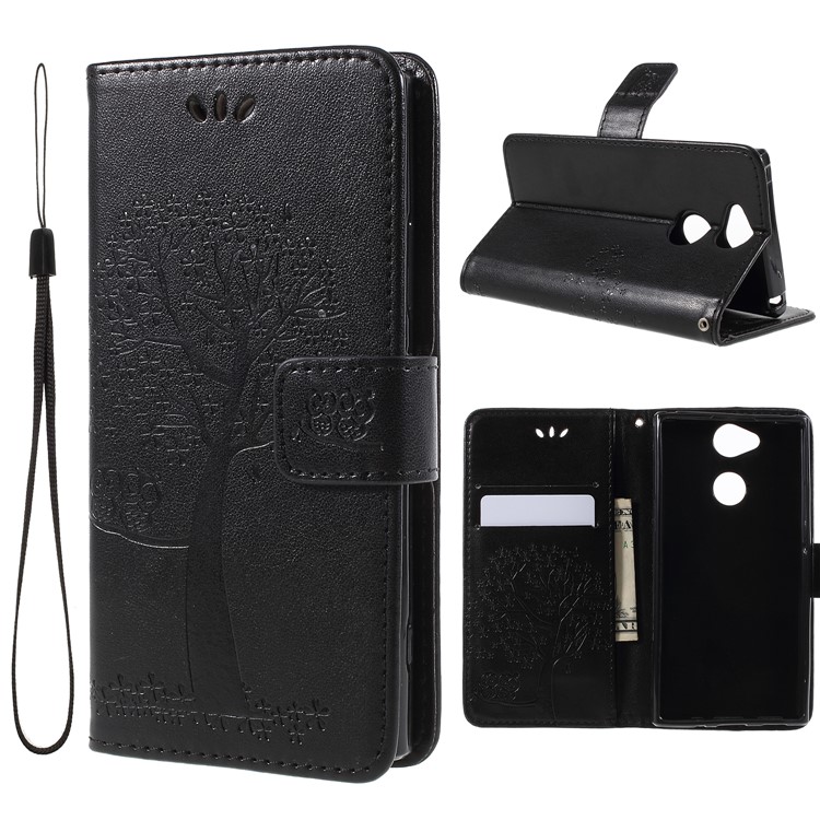 Imprint Tree Owl Leather Wallet Case for Sony Xperia XA2 - Black-1
