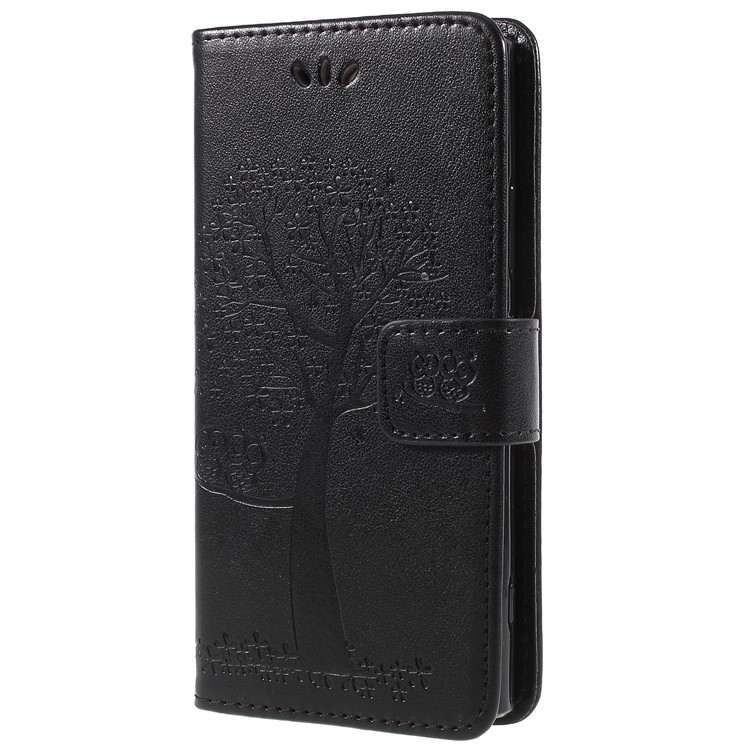 Imprint Tree Owl Leather Wallet Case for Sony Xperia XA2 - Black-2