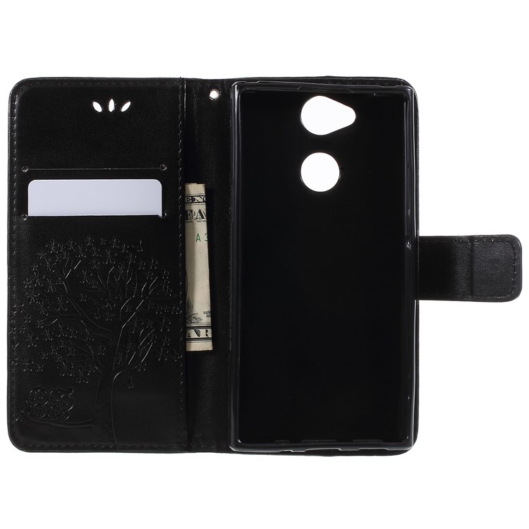 Imprint Tree Owl Leather Wallet Case for Sony Xperia XA2 - Black-9