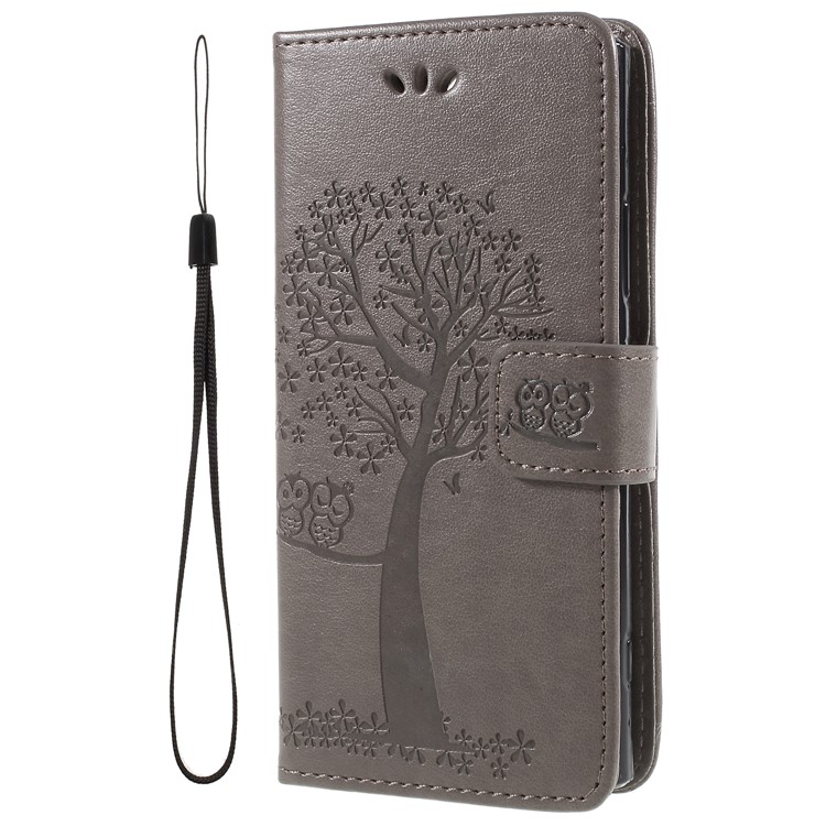 For Sony Xperia XA2 Imprint Tree Owl Leather Wallet Flip Cover - Grey-1