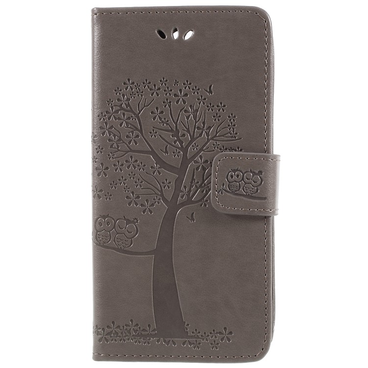For Sony Xperia XA2 Imprint Tree Owl Leather Wallet Flip Cover - Grey-3