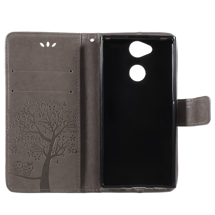 For Sony Xperia XA2 Imprint Tree Owl Leather Wallet Flip Cover - Grey-6