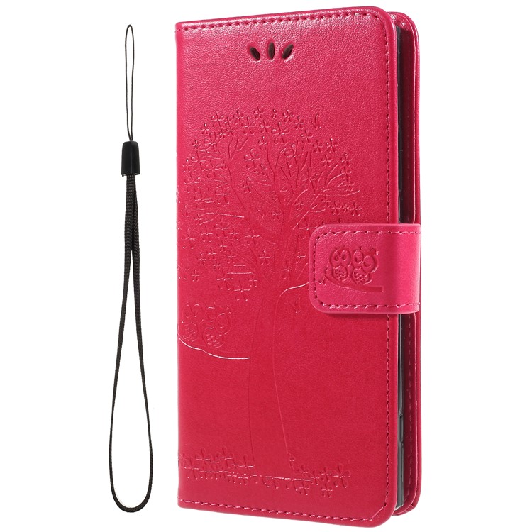 Imprint Tree Owl Leather Wallet Stand Protective Folio Casing for Sony Xperia XA2 - Red-1
