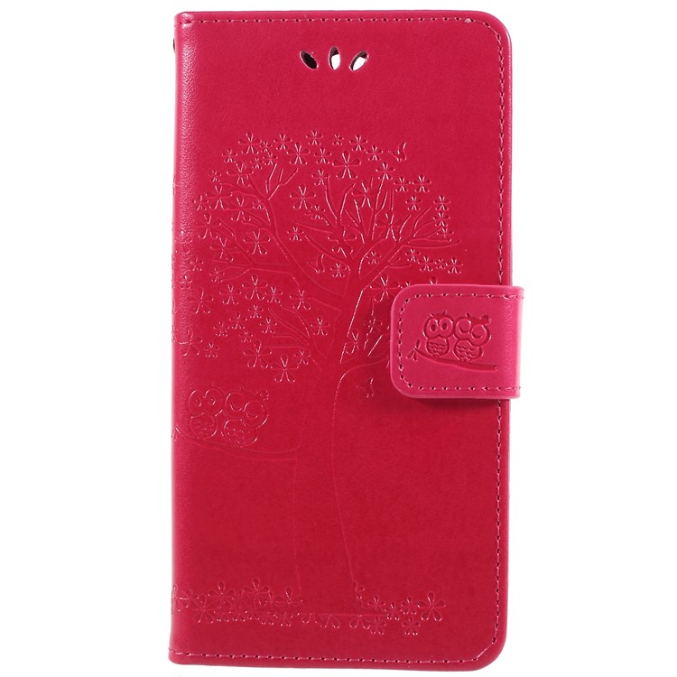 Imprint Tree Owl Leather Wallet Stand Protective Folio Casing for Sony Xperia XA2 - Red-3