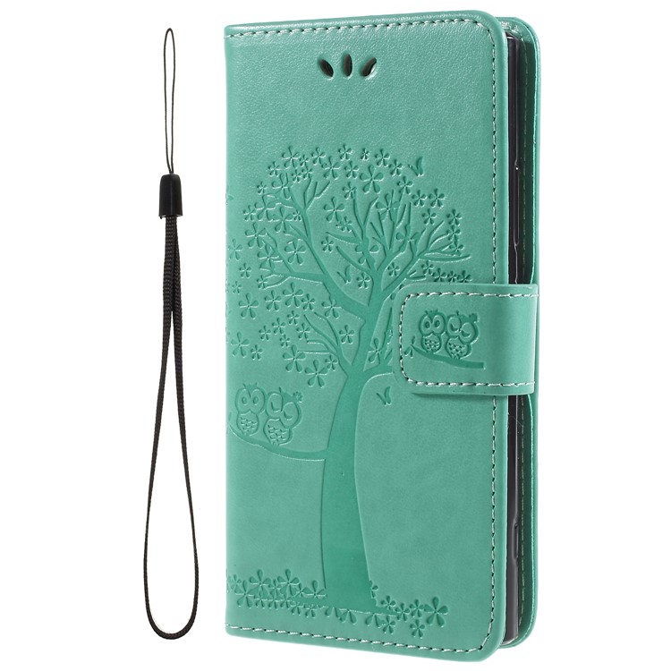 For Sony Xperia XA2 Imprint Tree Owl Leather Wallet Stand Phone Casing - Cyan-1