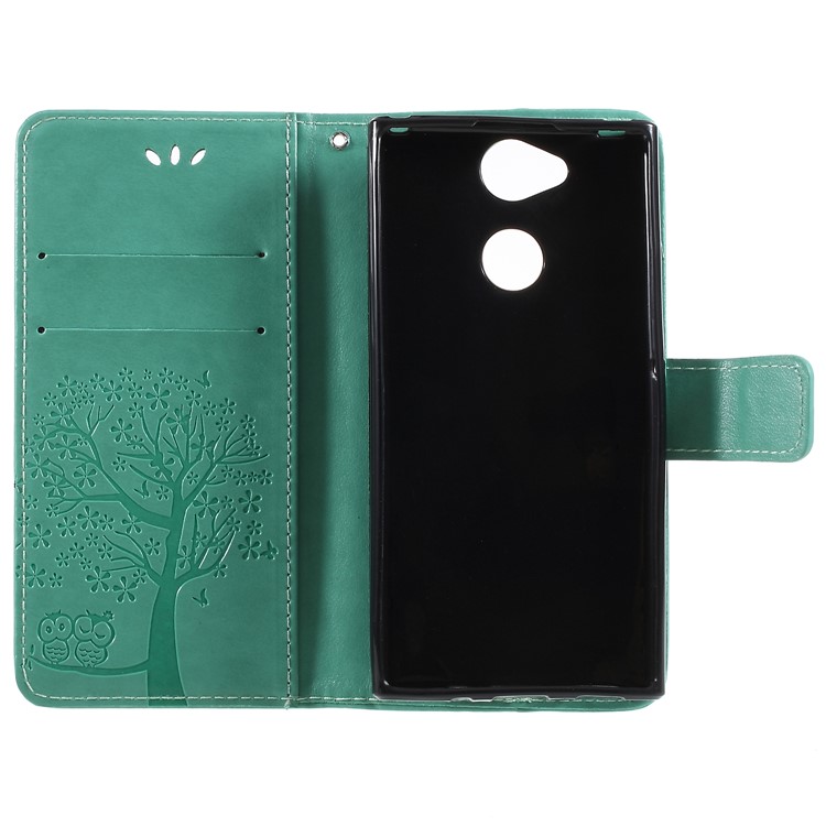 For Sony Xperia XA2 Imprint Tree Owl Leather Wallet Stand Phone Casing - Cyan-6