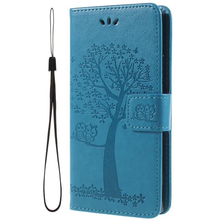 For Sony Xperia XA2 Imprint Tree Owl Leather Wallet Cellphone Protective Cover Case - Blue-1