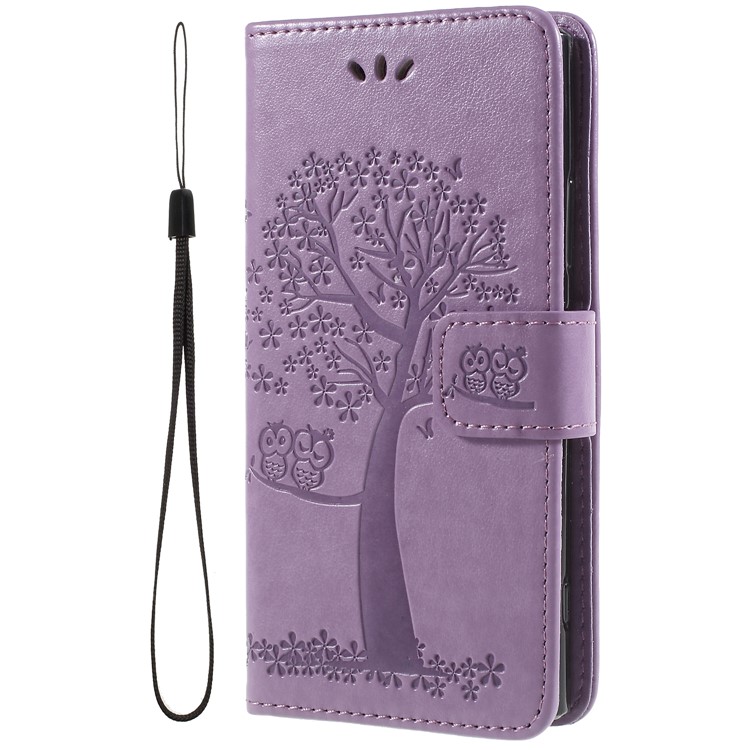 For Sony Xperia XA2 Imprint Tree Owl Leather Flip Case with Card Holders - Light Purple-1