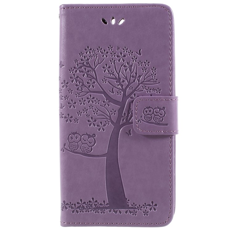 For Sony Xperia XA2 Imprint Tree Owl Leather Flip Case with Card Holders - Light Purple-3
