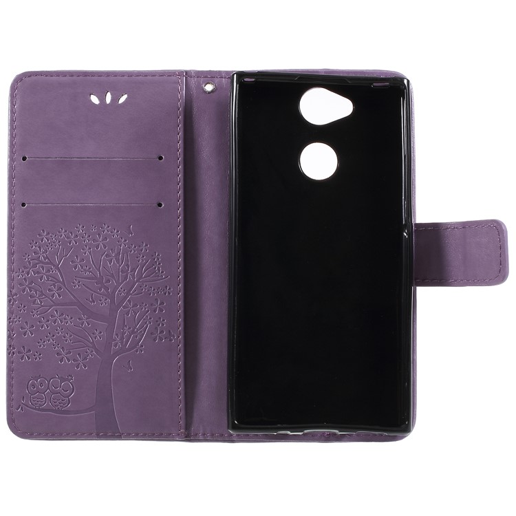 For Sony Xperia XA2 Imprint Tree Owl Leather Flip Case with Card Holders - Light Purple-6