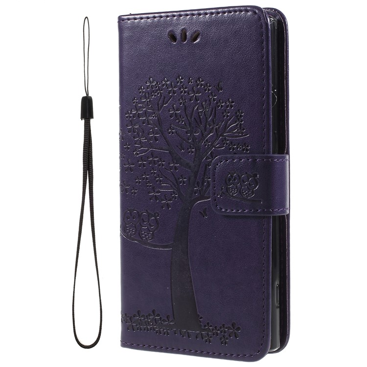 For Sony Xperia XA2 Imprint Tree Owl Leather Wallet Stand Folio Cover - Dark Purple-1