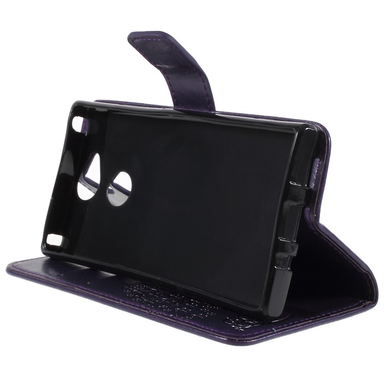For Sony Xperia XA2 Imprint Tree Owl Leather Wallet Stand Folio Cover - Dark Purple-4