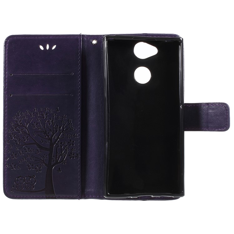 For Sony Xperia XA2 Imprint Tree Owl Leather Wallet Stand Folio Cover - Dark Purple-6