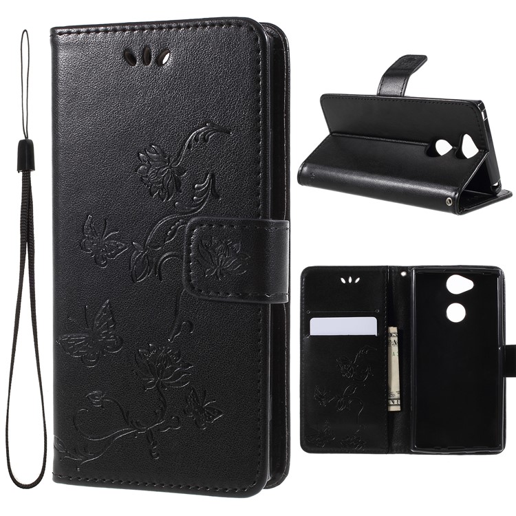 Imprint Butterfly and Flower PU Leather Card Holder Mobile Phone Shell for Sony Xperia XA2 - Black-1
