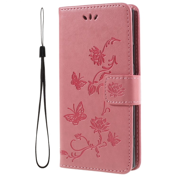 Imprint Butterfly and Flower PU Leather Card Holder Mobile Phone Case Shell for Sony Xperia XA2 - Pink-1