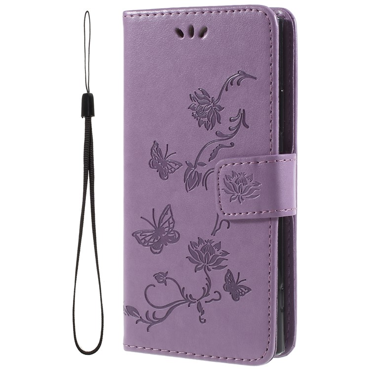 Imprint Butterfly and Flower PU Leather Card Holder Phone Accessory Case for Sony Xperia XA2 - Light Purple-1