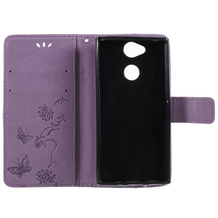 Imprint Butterfly and Flower PU Leather Card Holder Phone Accessory Case for Sony Xperia XA2 - Light Purple-6