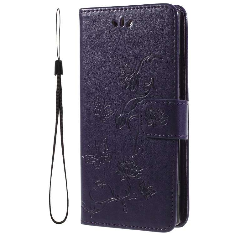 Imprint Butterfly and Flower PU Leather Card Holder Protection Phone Shell for Sony Xperia XA2 - Dark Purple-1