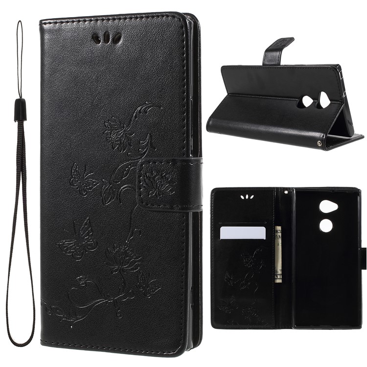 Imprint Butterfly and Flower Leather Wallet Shell with Stand for Sony Xperia XA2 Ultra - Black-1