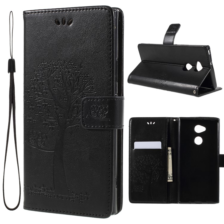 Imprint Tree Owl Magnetic Wallet PU Leather Shell with Stand for Sony Xperia XA2 Ultra - Black-1