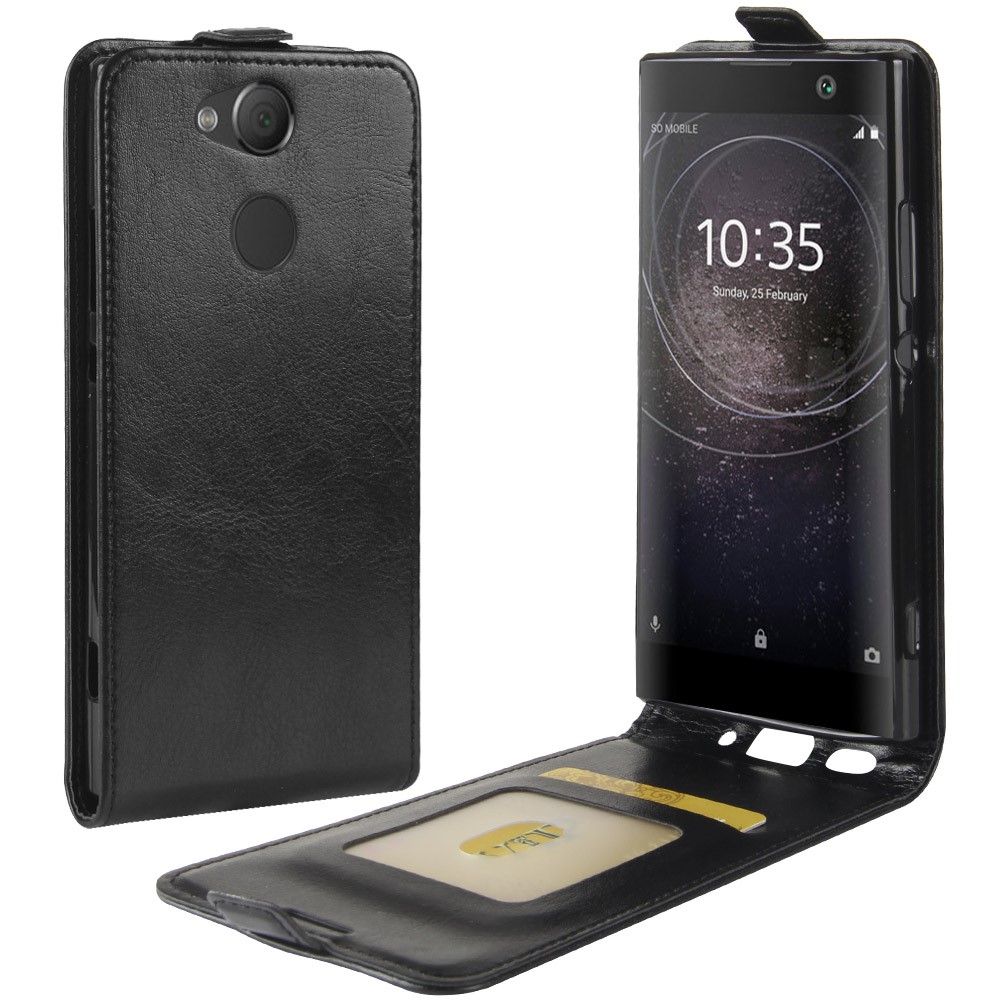 Crazy Horse Vertical Flip Card Case in Pelle Per Sony Xperia XA2 - Nero