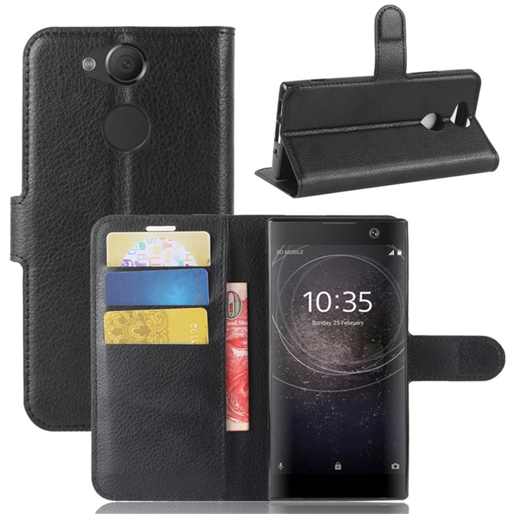 Litchi Textur PU Leder Brieftasche Hülle Für Sony Xperia Xa2 - Schwarz