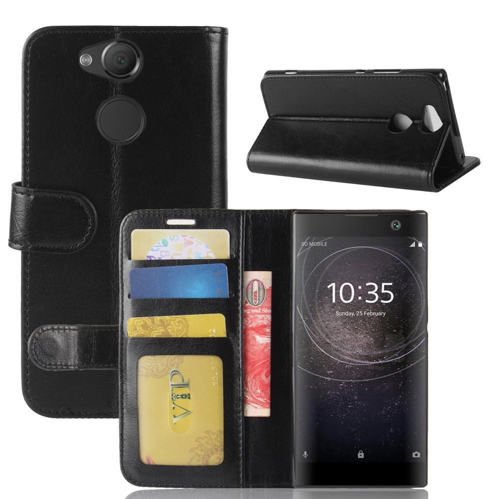 Crazy Horse Wallet Leder Handy Case Für Sony Xperia XA2 - Schwarz