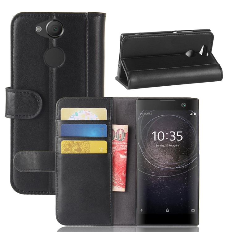 Genuine Split Leather Wallet Stand Cell Phone Case for Sony Xperia XA2 - Black-1