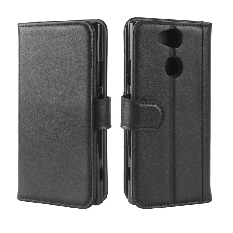 Genuine Split Leather Wallet Stand Cell Phone Case for Sony Xperia XA2 - Black-2