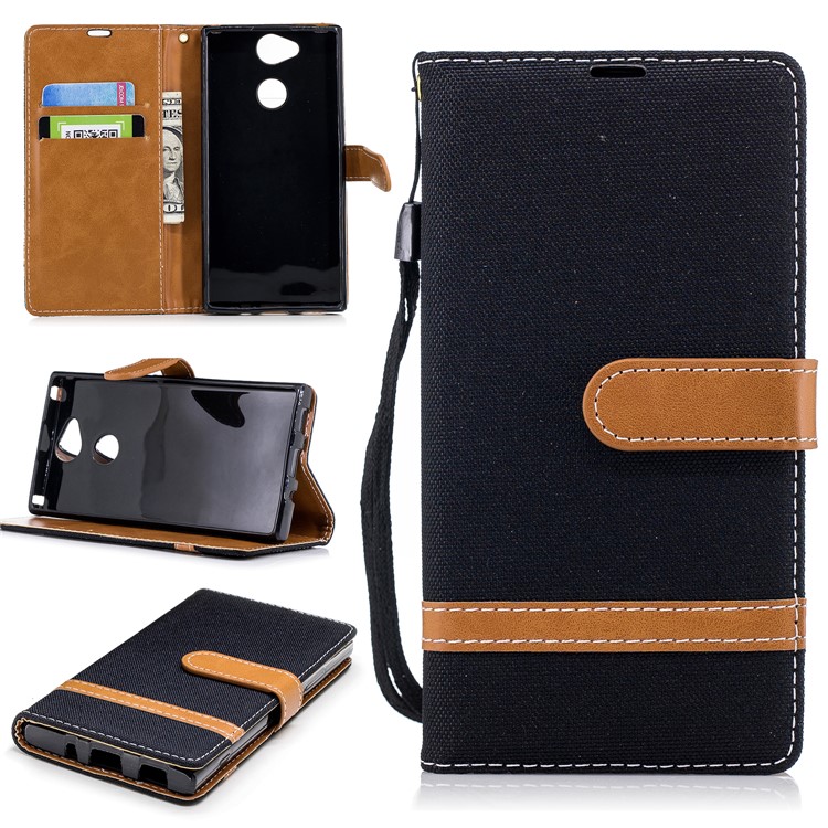 Two-tone Jean Cloth Wallet Leather Stand Cell Phone Cover for Sony Xperia XA2 - Black-1
